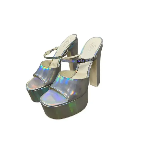 Valentino Garavani Tan-go Iridescent Platform Pumps Block Heels Silver Sz 11